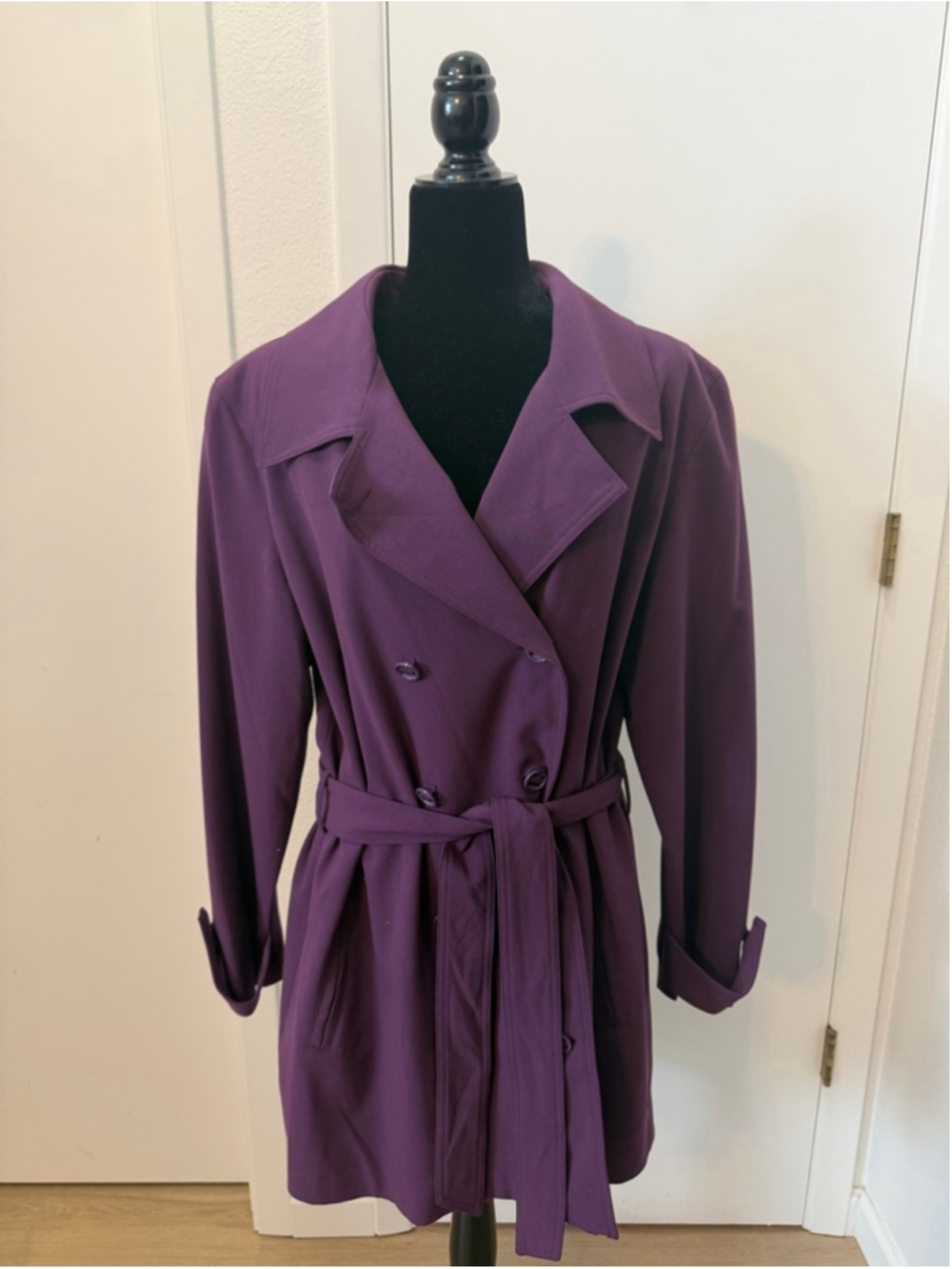 Vintage Purple Trench Coat Belted Double Breasted Lightweight Jacket XL XXL